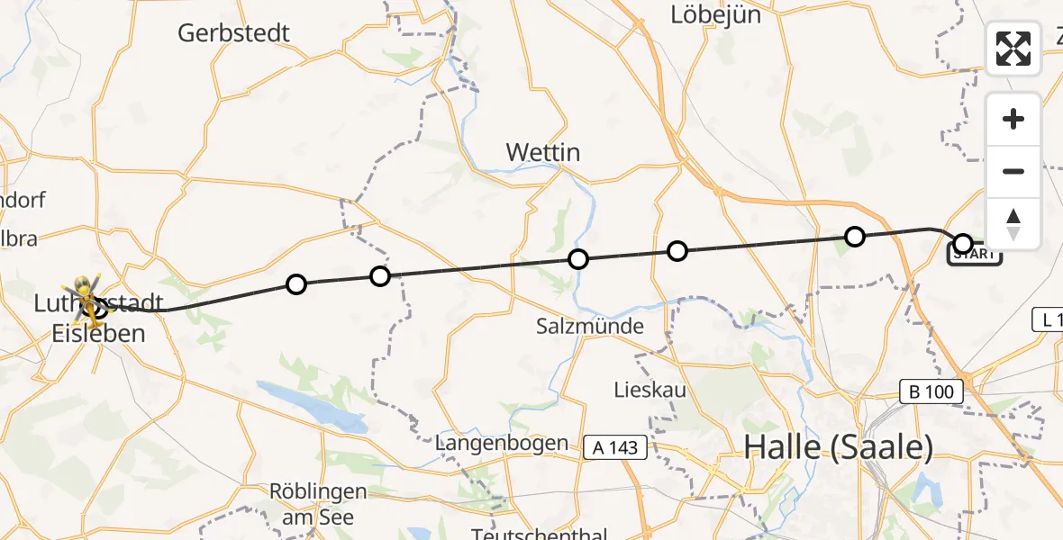 Flugroute Rettungshubschrauber Halle-Oppin Flugplatz - Helios Hospital Lutherstadt Eisleben, 21 Juli 2026, 01:33