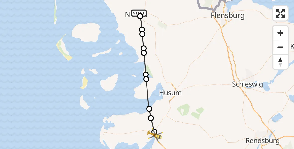 Flugroute Ambulanzhubschrauber Niebüll - Tönning, 21 Juli 2026, 01:52