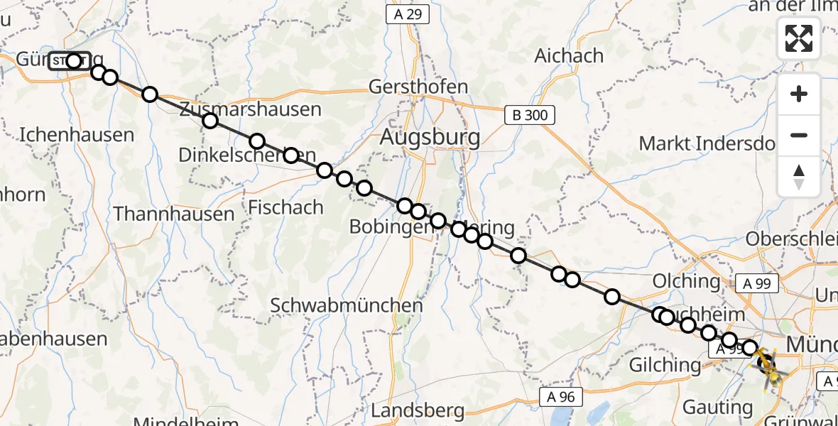 Flugroute Rettungshubschrauber Günzburg Hospital - DRF Air Rescue München Hubschrauberlandeplatz, 21 Juli 2026, 01:58