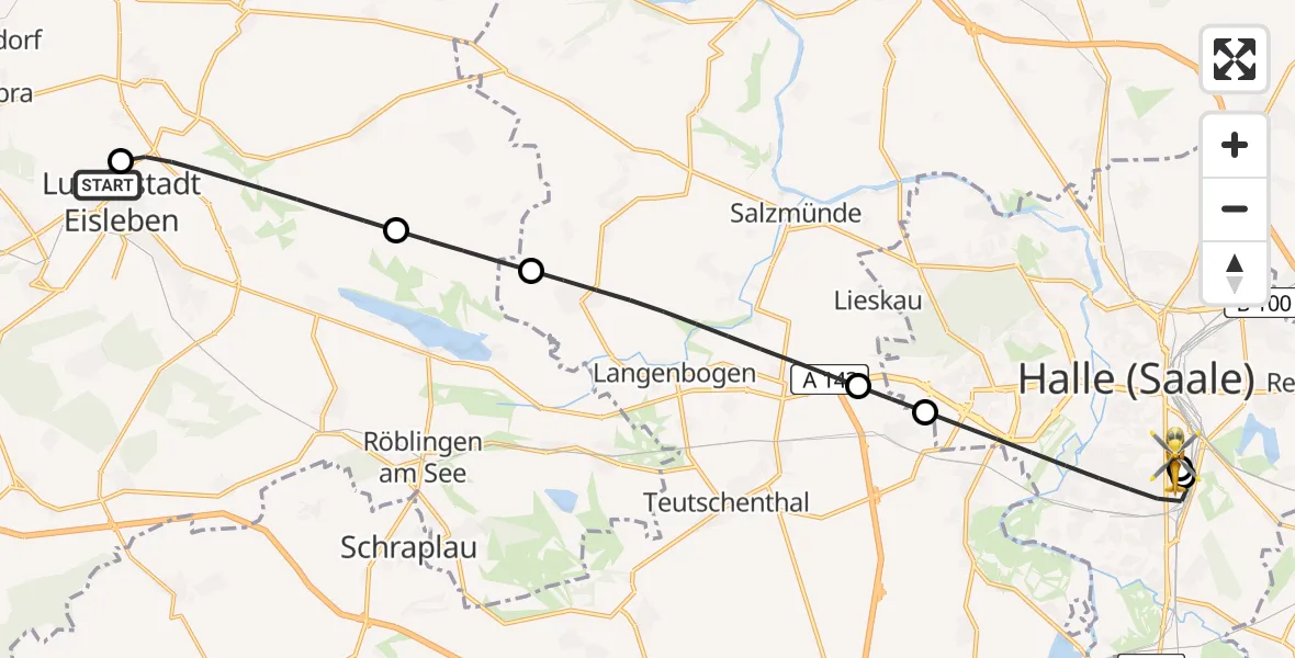 Flugroute Rettungshubschrauber Helios Hospital Lutherstadt Eisleben - BG Hospital Bergmannstrost Halle, 21 Juli 2026, 02:06