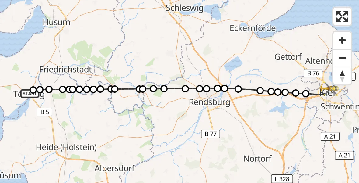 Flugroute Ambulanzhubschrauber Tönning - Kiel, 21 Juli 2026, 02:26
