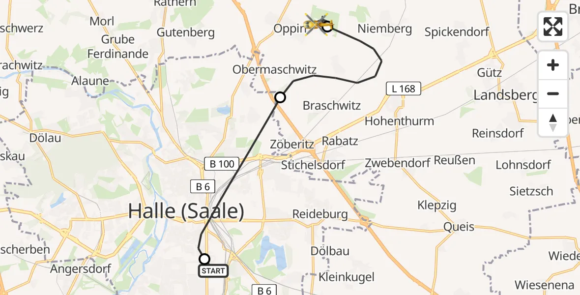 Flugroute Rettungshubschrauber BG Hospital Bergmannstrost Halle - Halle-Oppin Flugplatz, 21 Juli 2026, 02:45