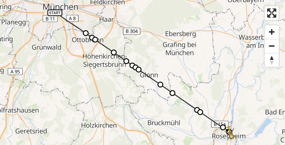 Flugroute Rettungshubschrauber München - RoMed Hospital Rosenheim, 21 Juli 2026, 02:56