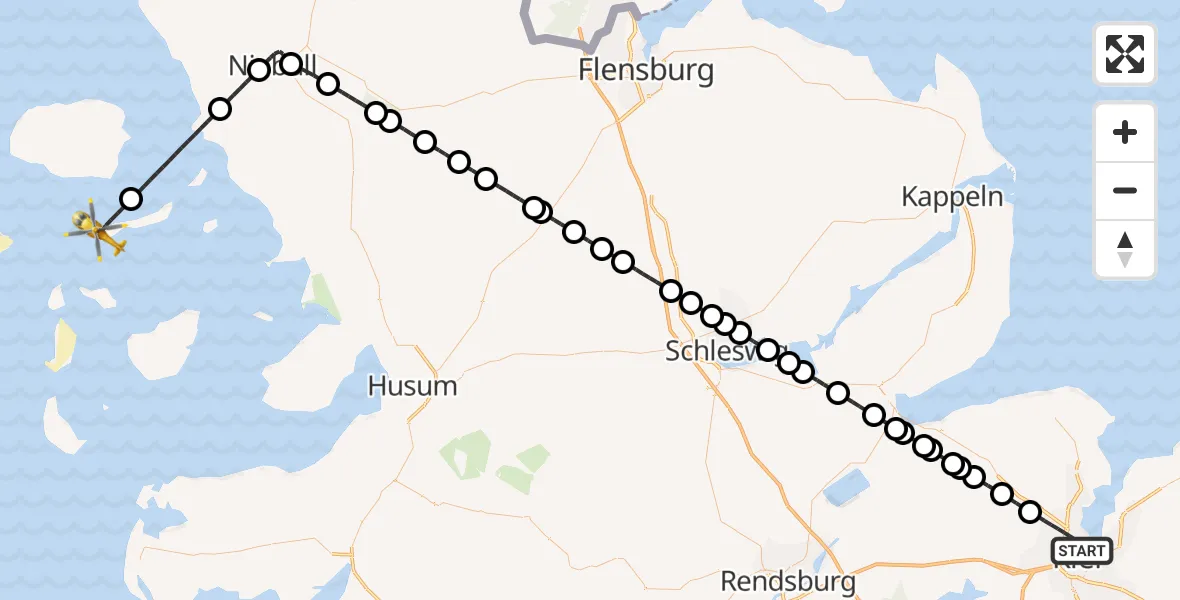 Flugroute Ambulanzhubschrauber Kiel - Langeneß, 21 Juli 2026, 03:29