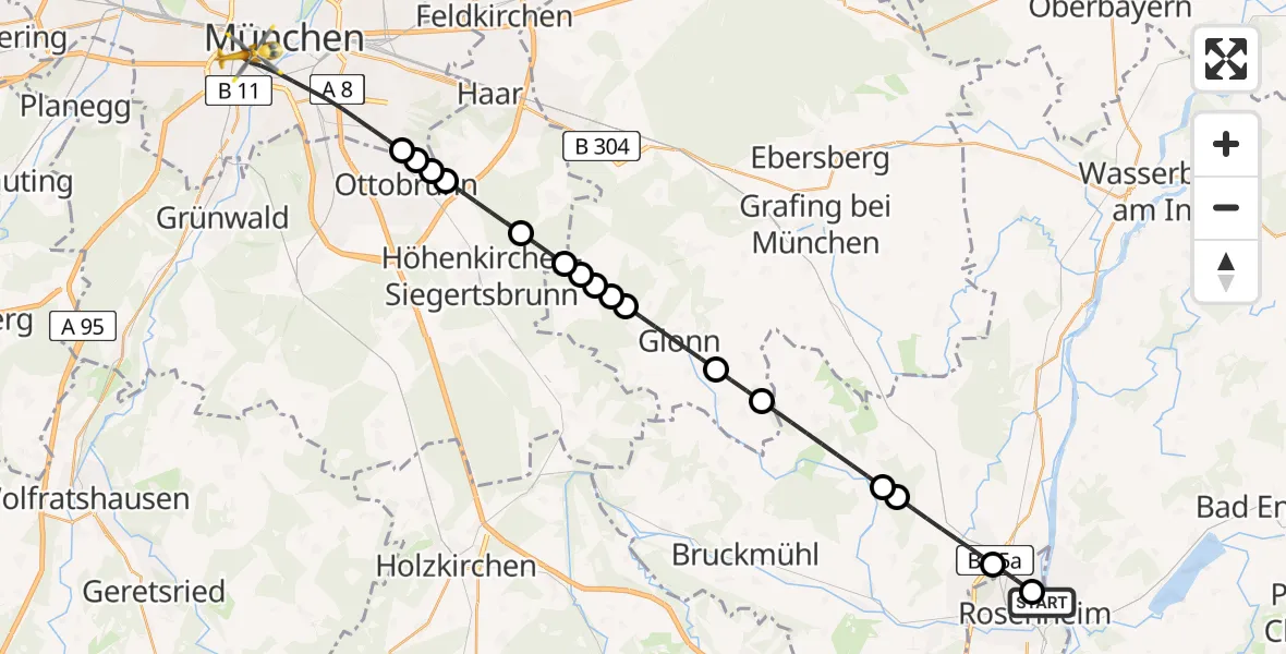 Flugroute Rettungshubschrauber RoMed Hospital Rosenheim - München, 21 Juli 2026, 03:46