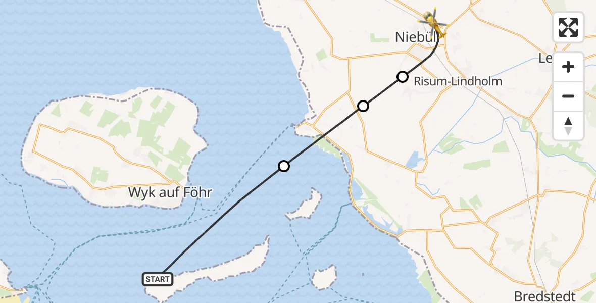 Flugroute Ambulanzhubschrauber Langeneß - Niebüll, 21 Juli 2026, 04:51
