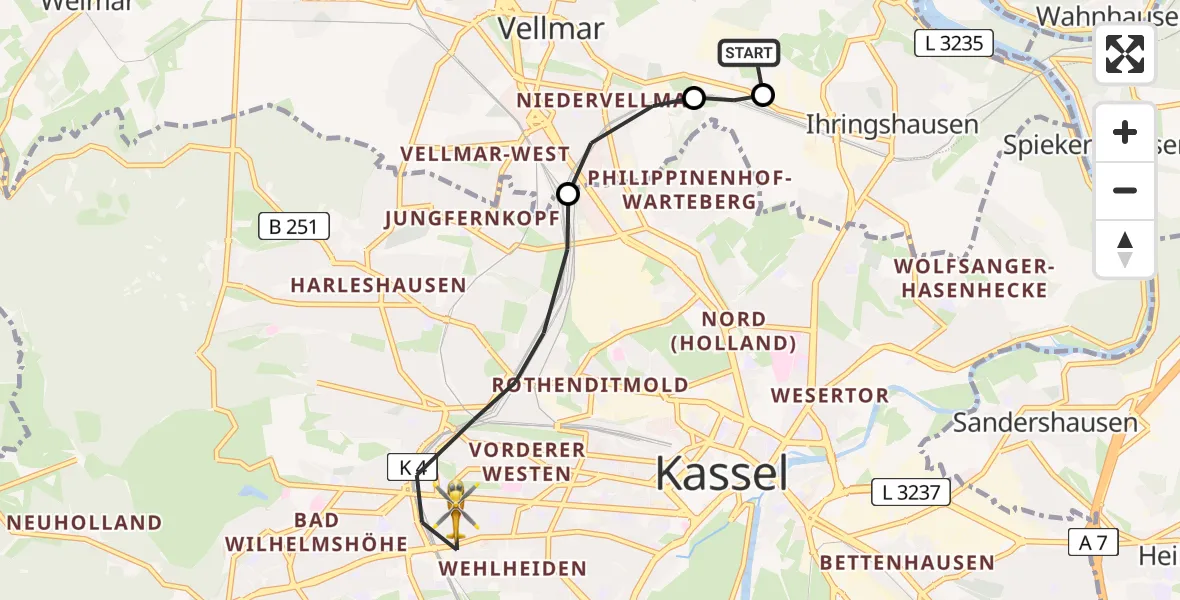 Flugroute Rettungshubschrauber Fuldatal Bundespolizei Hubschrauberlandeplatz - Kassel, 21 Juli 2026, 05:00