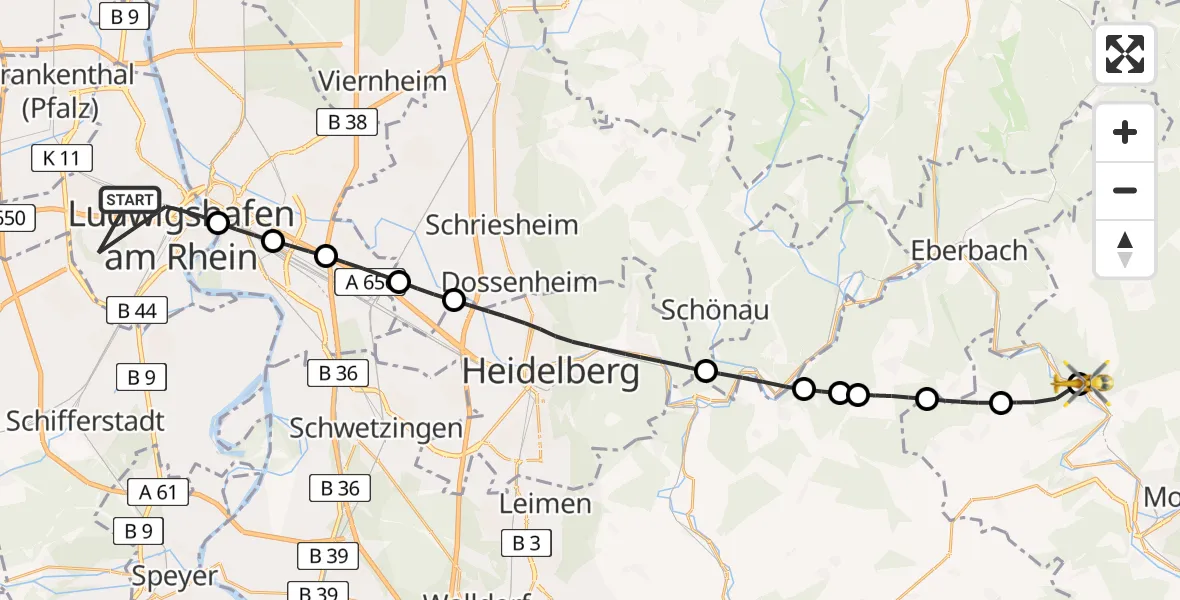 Flugroute Rettungshubschrauber Ludwigshafen am Rhein - Neckargerach, 21 Juli 2026, 05:08