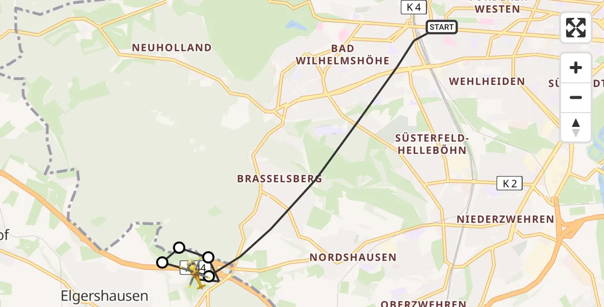 Flugroute Rettungshubschrauber Kassel - Schauenburg, 21 Juli 2026, 05:19