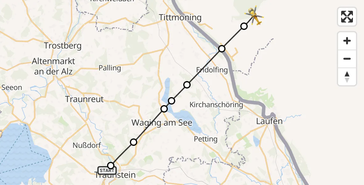 Flugroute Rettungshubschrauber Traunstein Hospital - Hochburg-Ach, 21 Juli 2026, 05:28