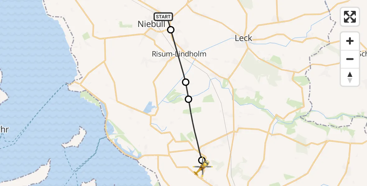 Flugroute Ambulanzhubschrauber Niebüll - Bordelum, 21 Juli 2026, 05:38