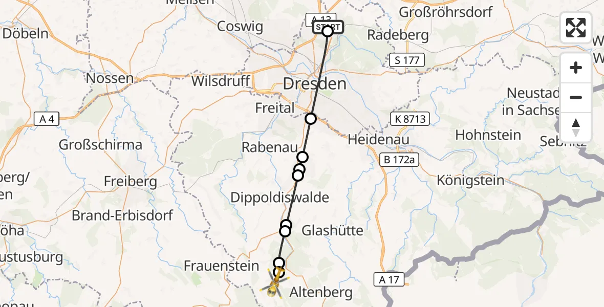 Flugroute Rettungshubschrauber Dresden Flughafen - Dippoldiswalde, 21 Juli 2026, 05:42