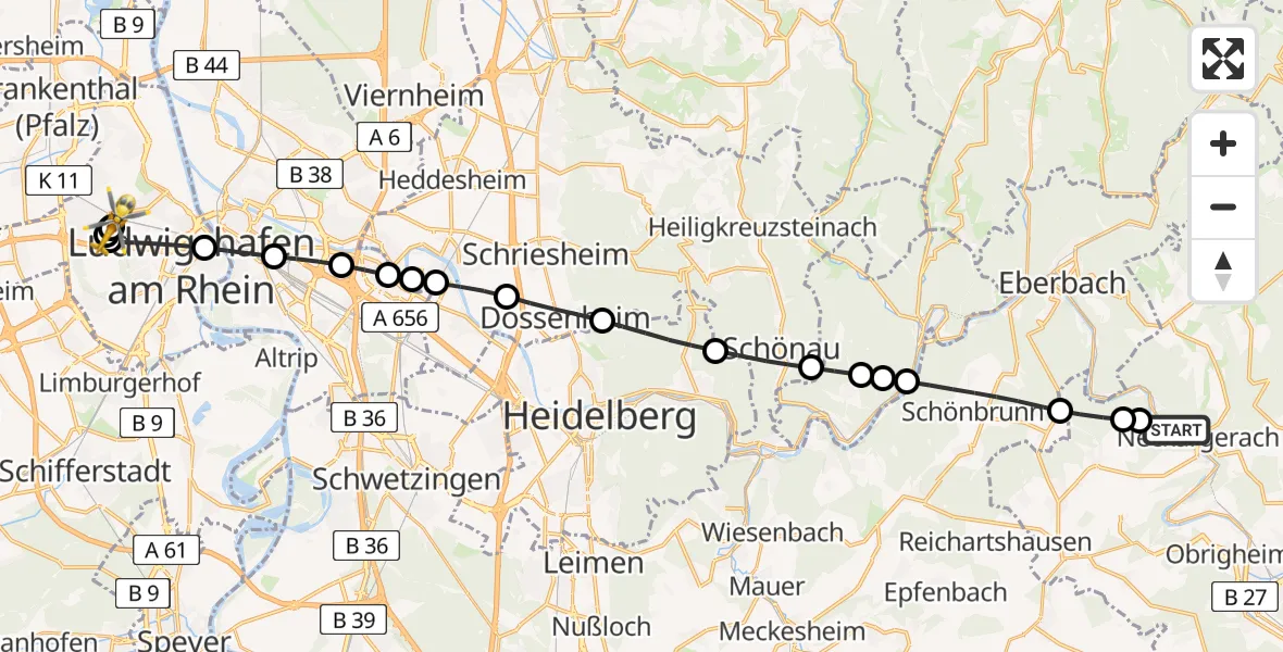 Flugroute Rettungshubschrauber Neckargerach - Ludwigshafen Accident Hospital, 21 Juli 2026, 05:46