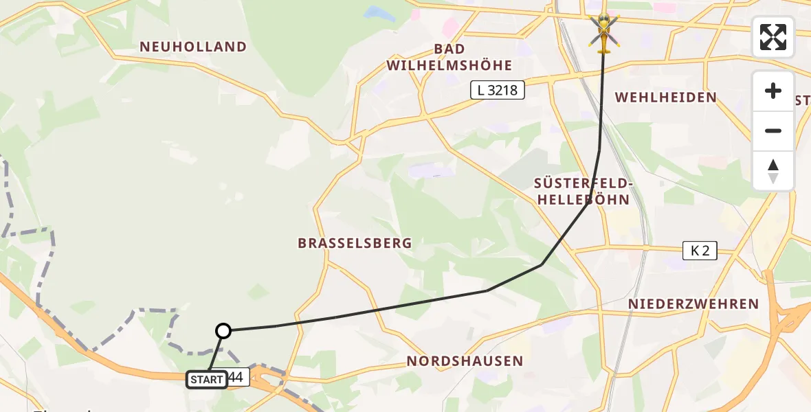 Flugroute Rettungshubschrauber Schauenburg - Kassel, 21 Juli 2026, 05:56