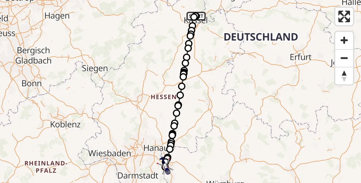 Flugroute Polizeihubschrauber Fuldatal Bundespolizei Hubschrauberlandeplatz - Stockstadt a.Main, 21 Juli 2026, 05:57