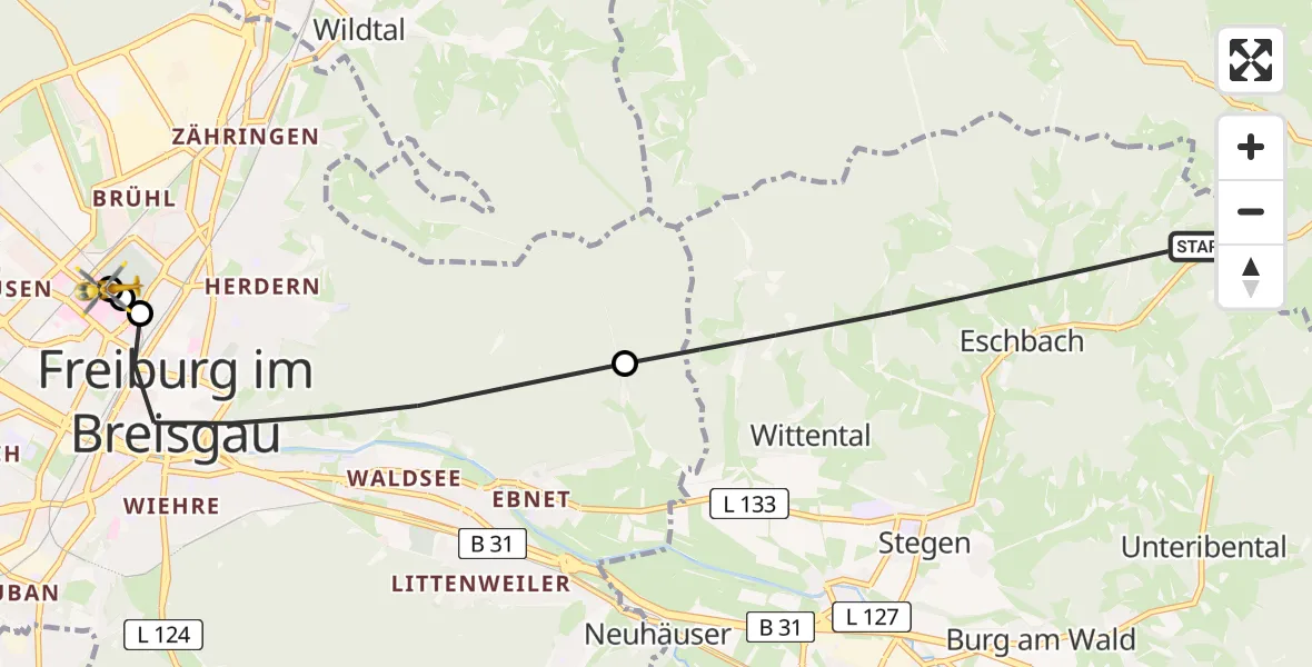 Flugroute Ambulanzhubschrauber Stegen - Freiburg University Hospital Heliport 1, 21 Juli 2026, 05:58
