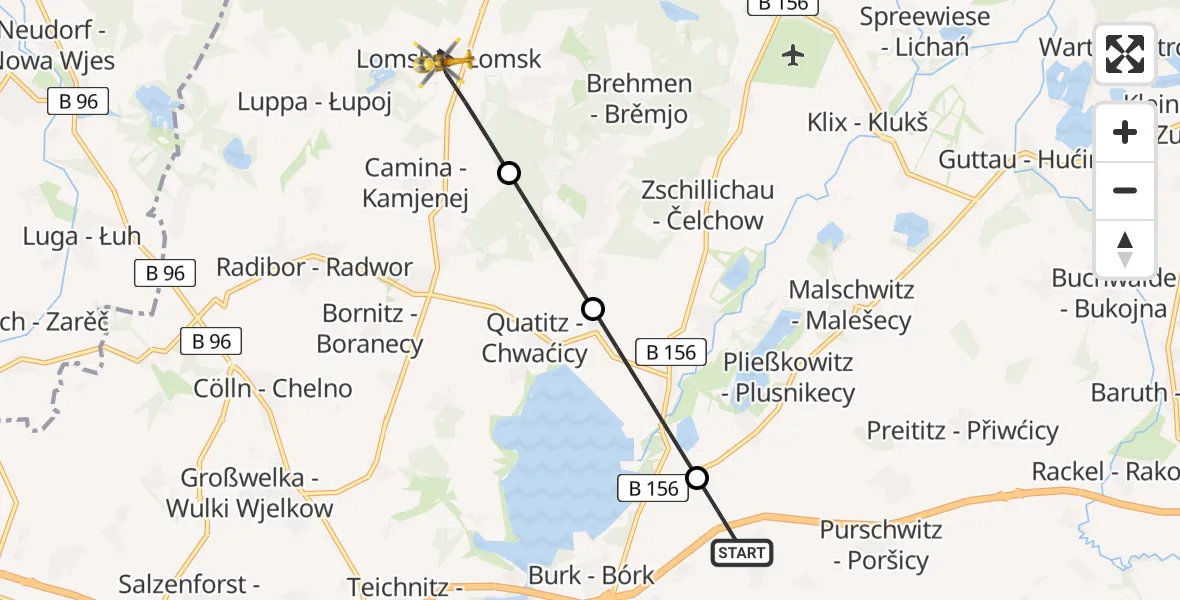 Flugroute Rettungshubschrauber Kubschütz - Radibor, 21 Juli 2026, 06:04