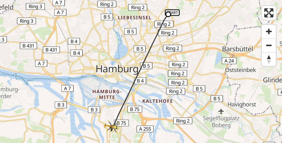 Flugroute Rettungshubschrauber Hamburg Military Hospital - Hamburg, 21 Juli 2026, 06:05
