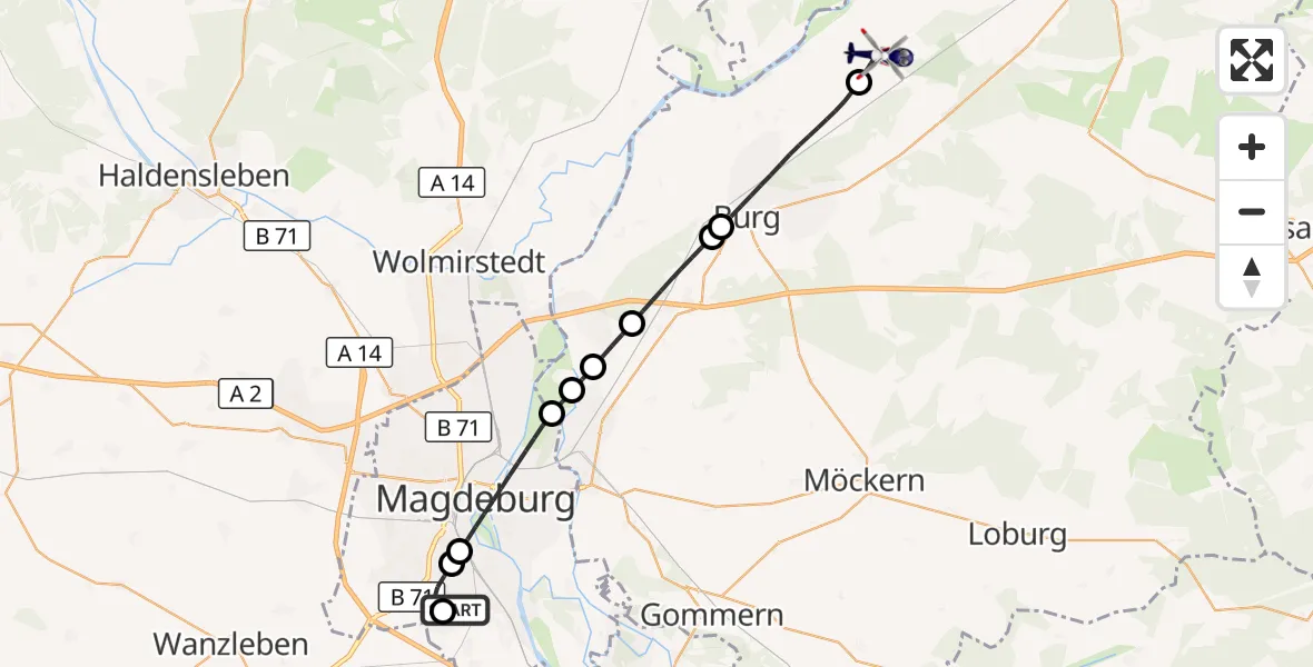 Flugroute Polizeihubschrauber Magdeburg City Flugplatz - Elbe-Parey, 21 Juli 2026, 06:09