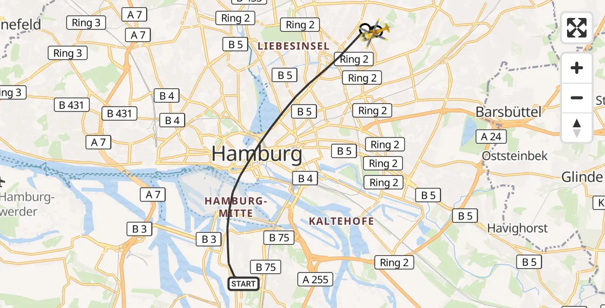 Flugroute Rettungshubschrauber Hamburg - Hamburg Military Hospital, 21 Juli 2026, 06:22