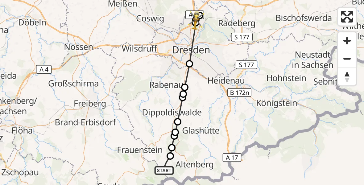 Flugroute Rettungshubschrauber Hermsdorf/Erzgeb. - Dresden, 21 Juli 2026, 06:27