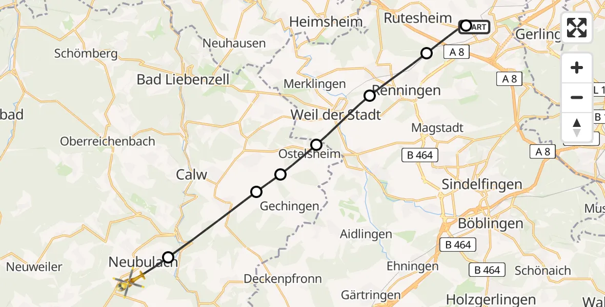 Flugroute Rettungshubschrauber Leonberg Hospital - Neubulach, 21 Juli 2026, 06:30