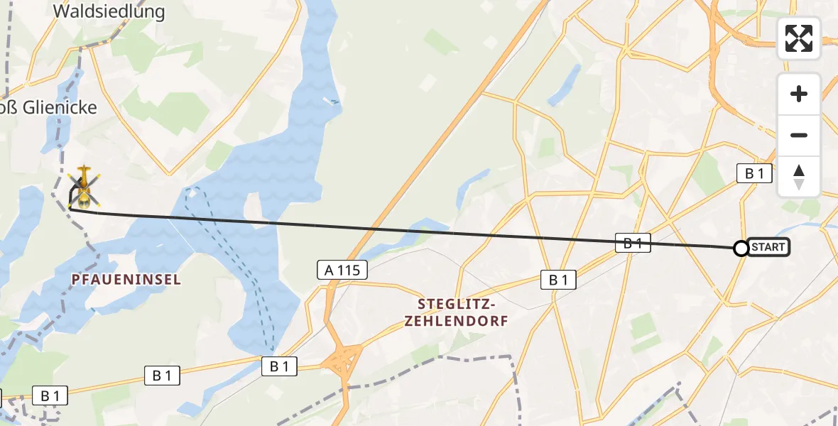 Flugroute Rettungshubschrauber Charité Clinic Benjamin Franklin Campus - Berlin, 21 Juli 2026, 06:35