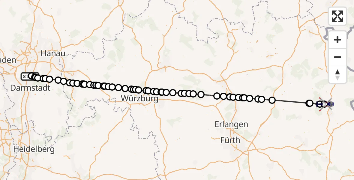 Flugroute Polizeihubschrauber Flughafen Frankfurt-Egelsbach - Kirchendemenreuth, 21 Juli 2026, 06:41