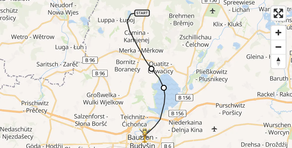 Flugroute Rettungshubschrauber Radibor - Bautzen, 21 Juli 2026, 06:48