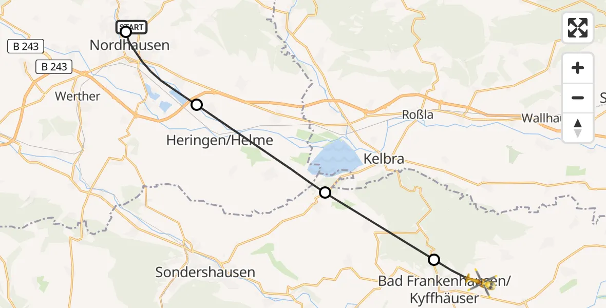 Flugroute Rettungshubschrauber Südharz Hospital Nordhausen - Bad Frankenhausen/Kyffhäuser, 21 Juli 2026, 06:52
