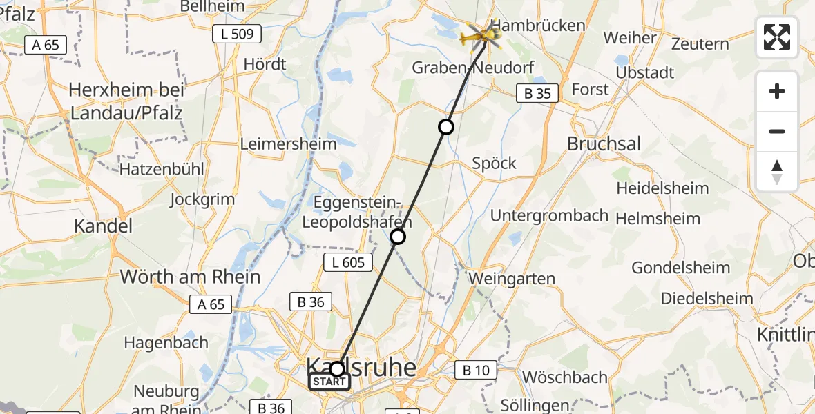 Flugroute Ambulanzhubschrauber Sankt Vincentius Hospital - Graben-Neudorf, 21 Juli 2026, 06:55