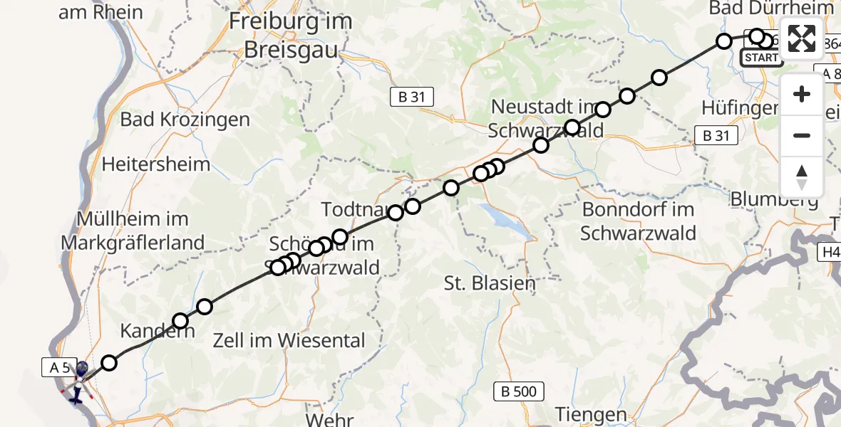 Flugroute Polizeihubschrauber Donaueschingen-Villingen Flugplatz - Efringen-Kirchen, 21 Juli 2026, 07:01