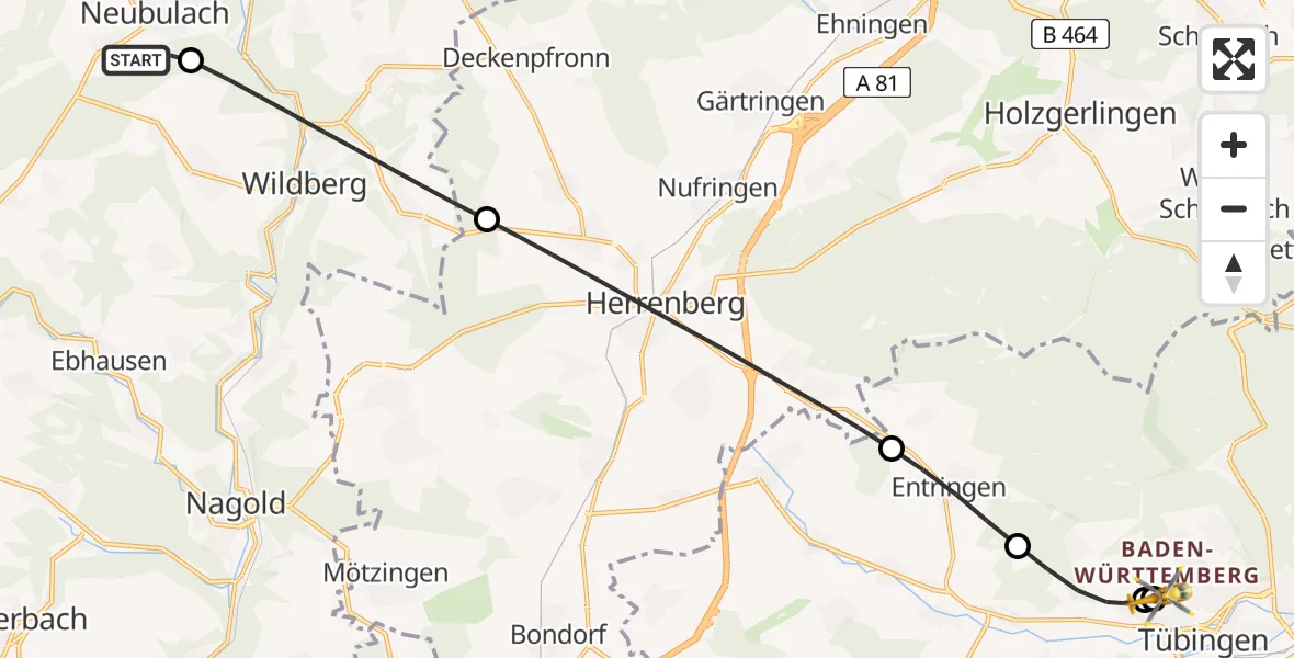 Flugroute Rettungshubschrauber Neubulach - Tübingen University Hospital, 21 Juli 2026, 07:03
