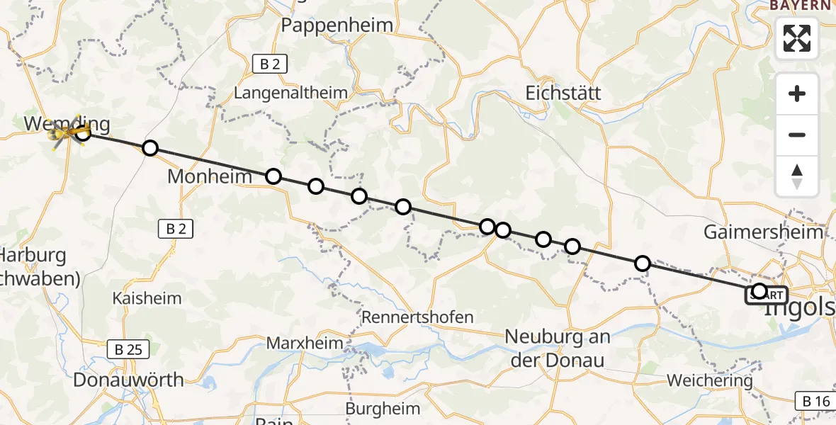 Flugroute Rettungshubschrauber Ingolstadt Hospital - Wemding, 21 Juli 2026, 07:04