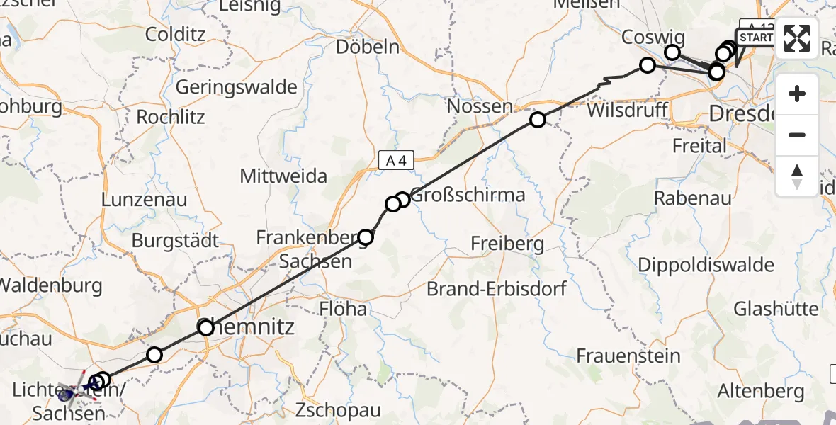 Flugroute Polizeihubschrauber Dresden - Bernsdorf, 21 Juli 2026, 07:14
