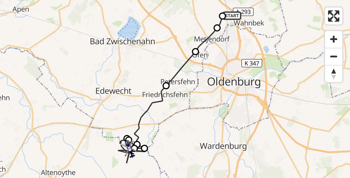Flugroute Polizeihubschrauber Oldenburg Police Hubschrauberlandeplatz - Bösel, 21 Juli 2026, 07:16