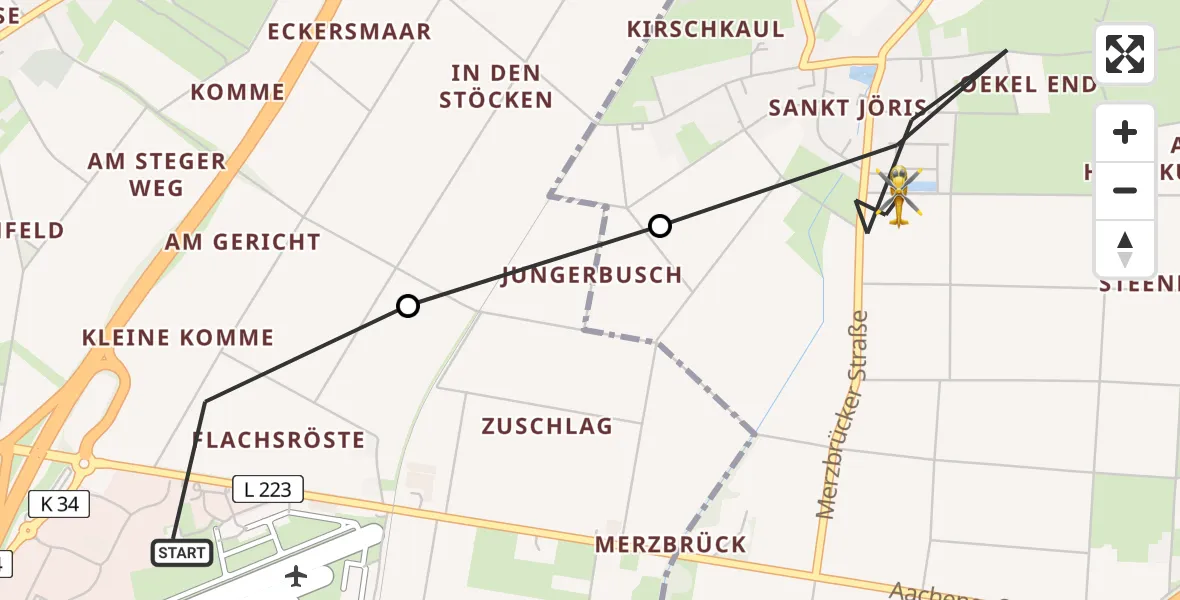 Flugroute Rettungshubschrauber Aachen-Merzbrück Flughafen - Eschweiler, 21 Juli 2026, 07:17