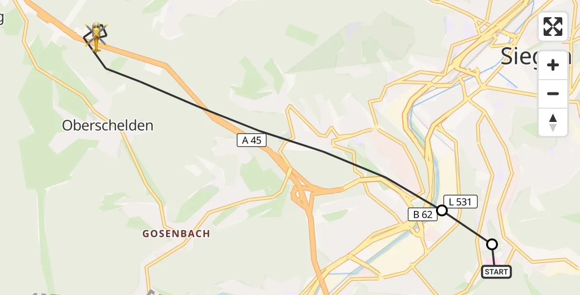 Flugroute Rettungshubschrauber Evangelisches Jung-Stilling Hospital - Siegen, 21 Juli 2026, 07:20