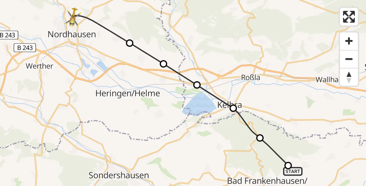 Flugroute Rettungshubschrauber Bad Frankenhausen Flugplatz - Nordhausen, 21 Juli 2026, 07:28