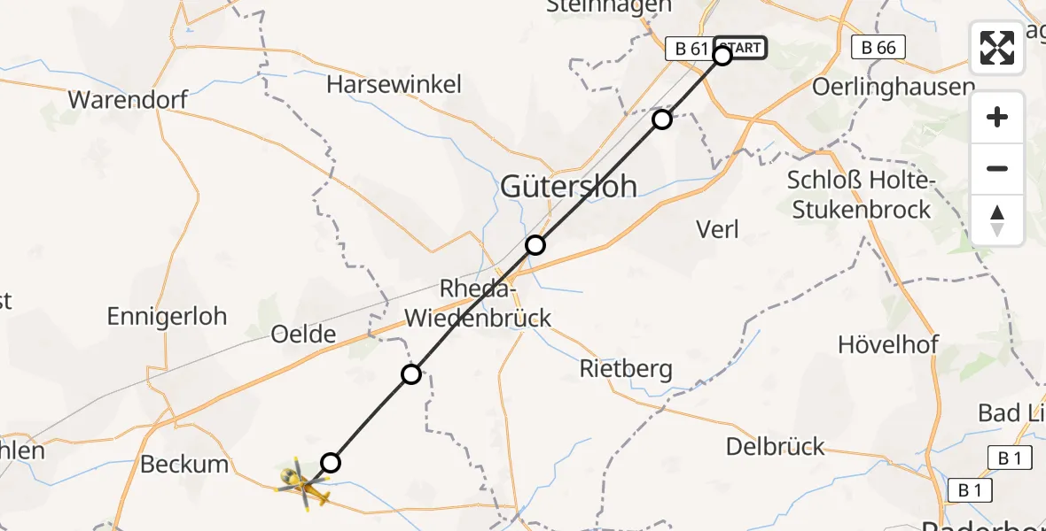 Flugroute Rettungshubschrauber Luftrettungszentrum Bielefeld - Wadersloh, 21 Juli 2026, 07:29