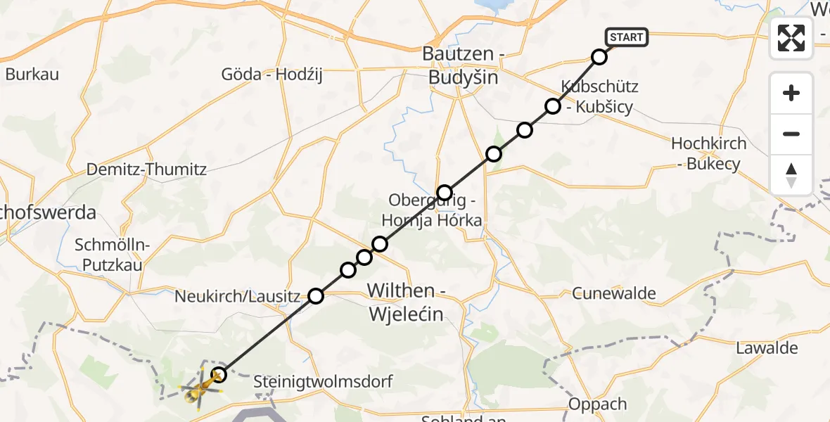 Flugroute Rettungshubschrauber Bautzen Flugplatz - Neustadt in Sachsen, 21 Juli 2026, 07:36