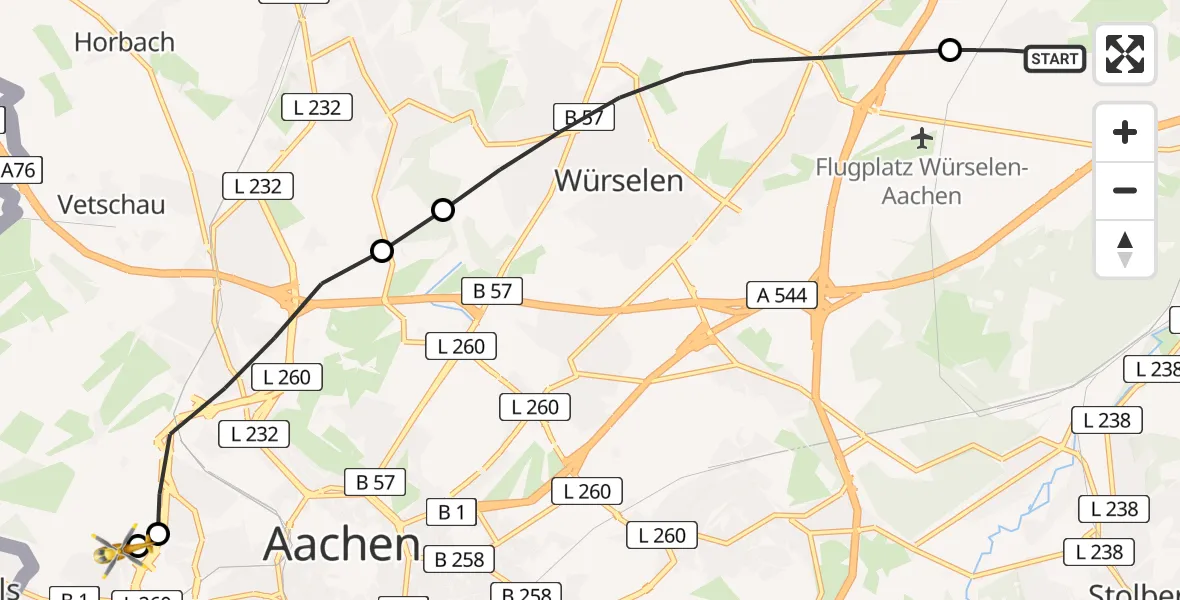 Flugroute Rettungshubschrauber Eschweiler - Aachen Hospital, 21 Juli 2026, 07:36