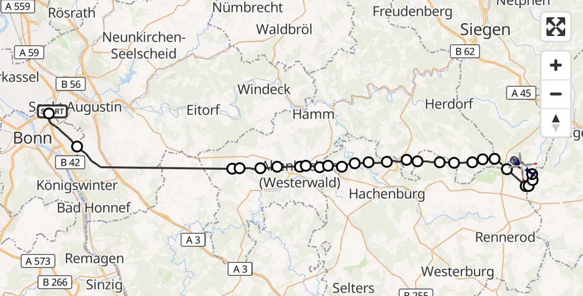 Flugroute Polizeihubschrauber Sankt Augustin - Liebenscheid, 21 Juli 2026, 07:38