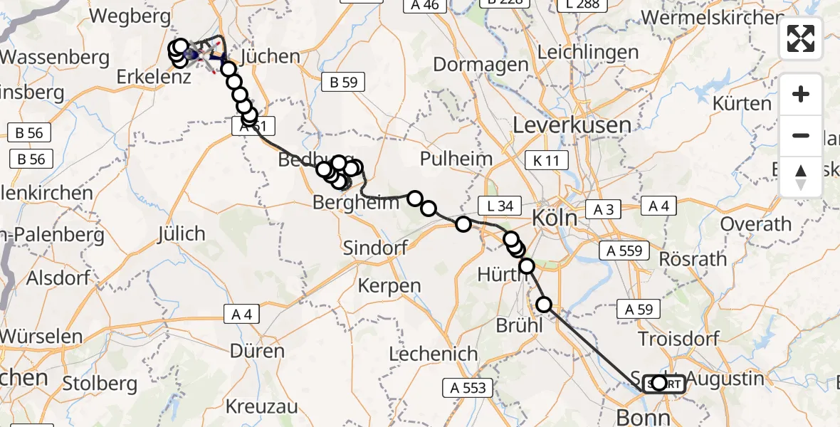 Flugroute Polizeihubschrauber Sankt Augustin - Wanlo Segelfluggelände, 21 Juli 2026, 07:42