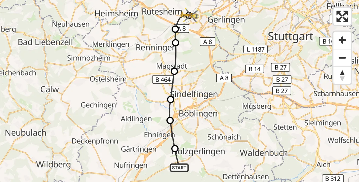 Flugroute Rettungshubschrauber Hildrizhausen - Leonberg Hospital, 21 Juli 2026, 07:49