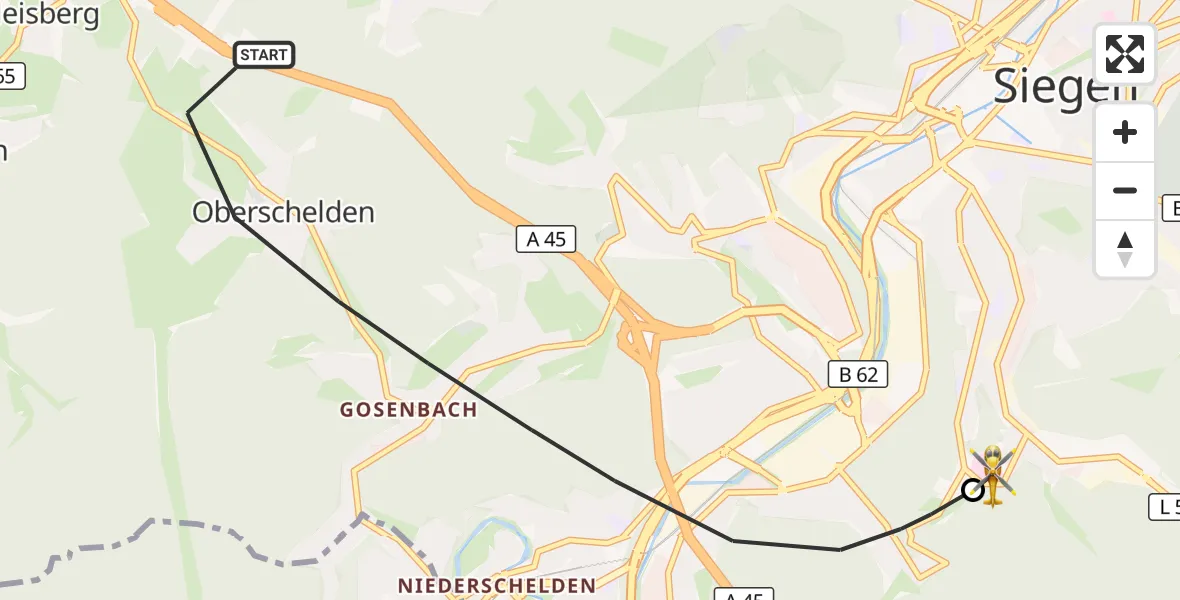Flugroute Rettungshubschrauber Siegen - Evangelisches Jung-Stilling Hospital, 21 Juli 2026, 07:49