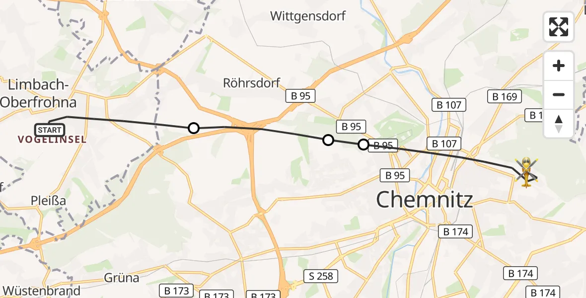 Flugroute Rettungshubschrauber Limbach-Oberfrohna - Chemnitz, 21 Juli 2026, 07:50
