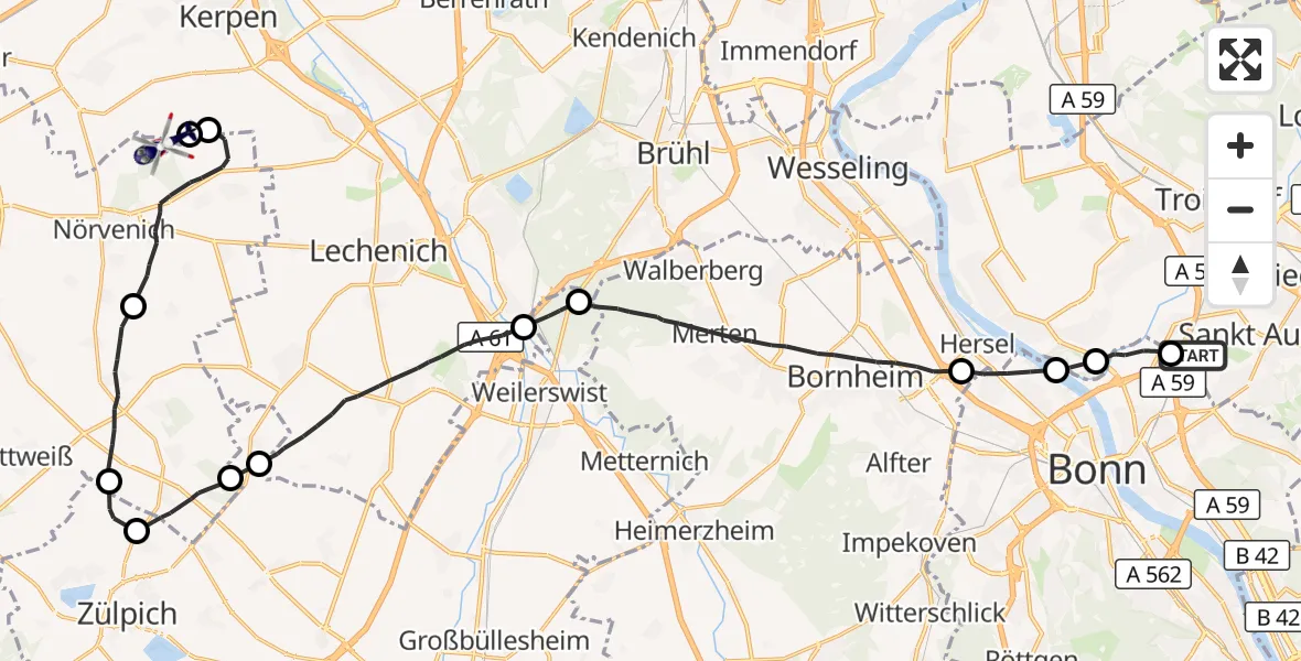 Flugroute Polizeihubschrauber Sankt Augustin - Militärflugplatz Nörvenich, 21 Juli 2026, 07:53