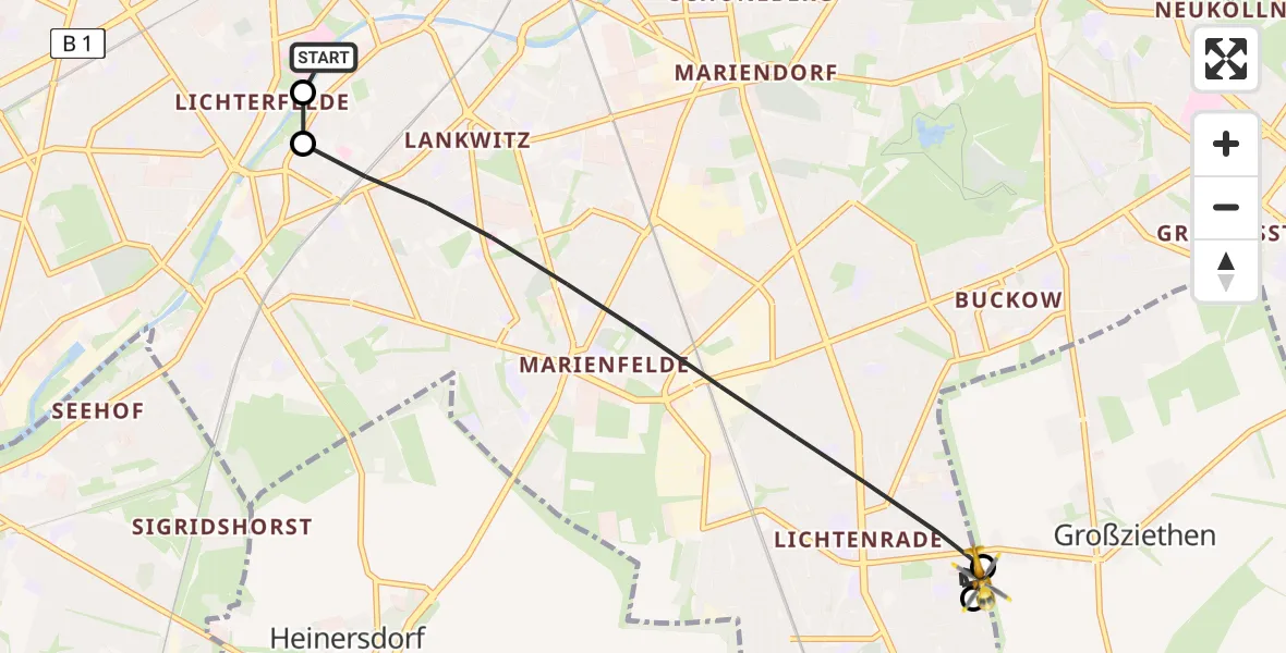 Flugroute Rettungshubschrauber Charité Clinic Benjamin Franklin Campus - Berlin, 21 Juli 2026, 07:56