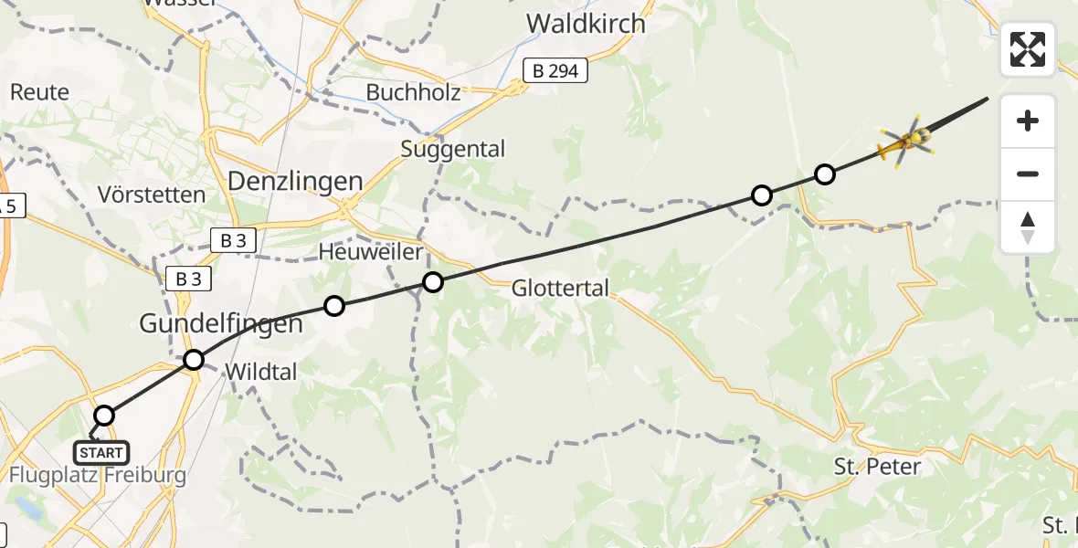 Flugroute Ambulanzhubschrauber Freiburg im Breisgau Flugplatz - Simonswald, 21 Juli 2026, 07:57